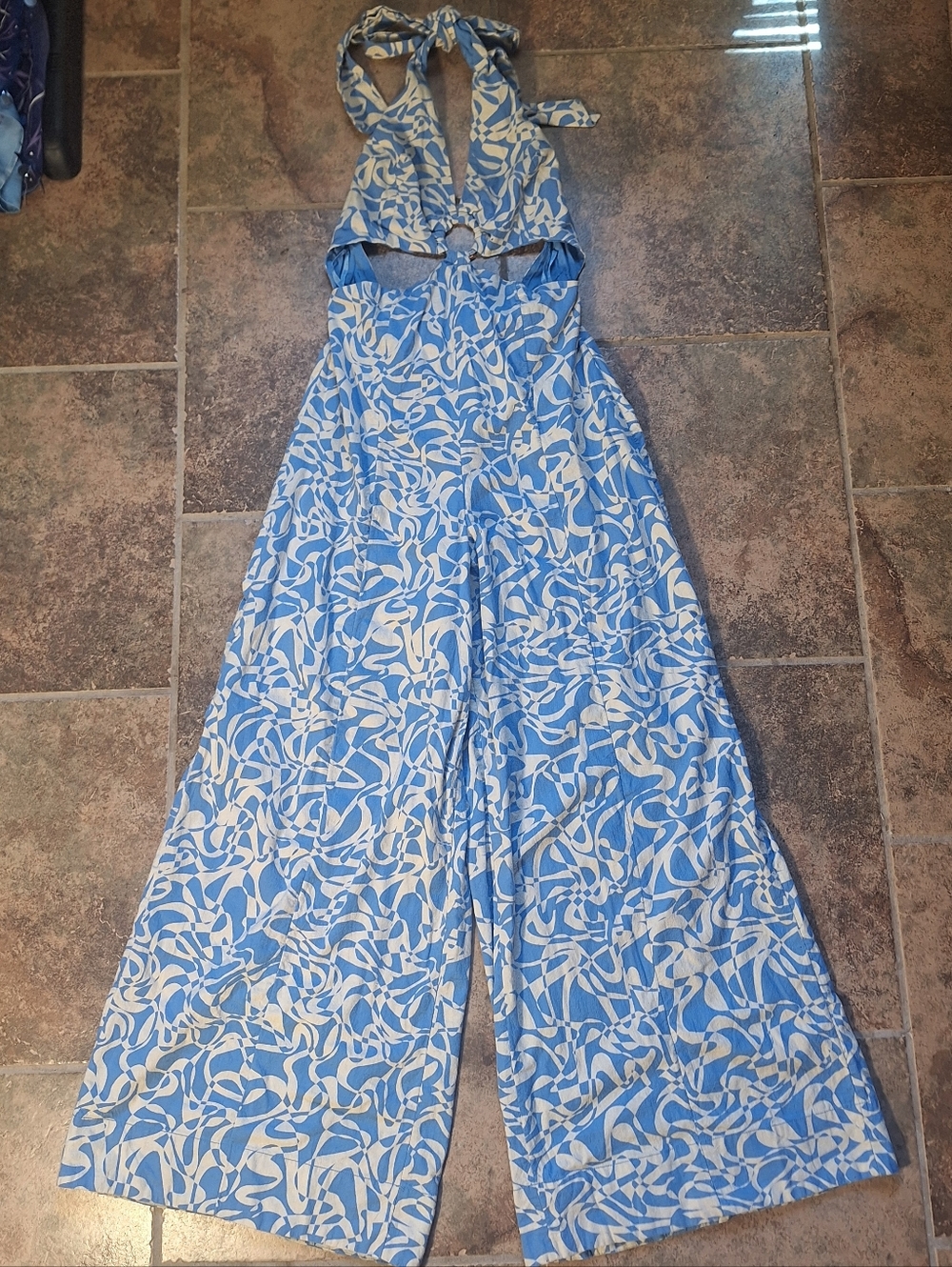 Free People Medium Blue And Cream Kira Halter Wide Leg Cutout Jumpsuit
